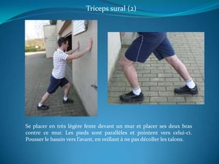 Triceps sural (2)Se placer en très légère fente devant un mur et placer ses deux bras contre ce mur. Les pieds sont parallèles et pointent vers celui-ci. Pousser le bassin vers l’avant, en veillant à ne pas décoller les talons.