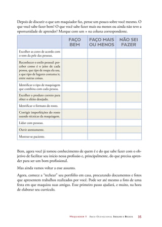 Maquiador 1 Arco Ocupacional Imagem e Belez a	 35
Depois de discutir o que um maquiador faz, pense um pouco sobre você mesmo. O
que você sabe fazer bem? O que você sabe fazer mais ou menos ou ainda não teve a
oportunidade de aprender? Marque com um × na coluna correspondente.
FAÇO
BEM
FAÇO MAIS
OU MENOS
NÃO SEI
FAZER
Escolher as cores de acordo com
o tom da pele das pessoas.
Reconhecer o estilo pessoal: per-
ceber como é o jeito de cada
pessoa, que tipo de roupa ela usa,
a que tipo de lugares costuma ir,
entre outras coisas.
Identificar o tipo de maquiagem
que combina com cada pessoa.
Escolher o produto correto para
obter o efeito desejado.
Identificar o formato do rosto.
Corrigir imperfeições do rosto
usando técnicas da maquiagem.
Lidar com pessoas.
Ouvir atentamente.
Mostrar-se paciente.
Bem, agora você já tomou conhecimento de quem é e do que sabe fazer com o ob-
jetivo de facilitar seu início nessa profissão e, principalmente, do que precisa apren-
der para ser um bom profissional.
Mas ainda vamos voltar a esse assunto.
Agora, comece a “rechear” seu portfólio em casa, procurando documentos e fotos
que apresentem trabalhos realizados por você. Pode ser até mesmo a foto de uma
festa em que maquiou suas amigas. Esse primeiro passo ajudará, e muito, na hora
de elaborar seu currículo.
 
