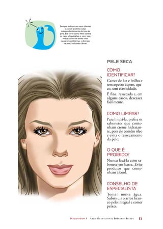 Maquiador 1 Arco Ocupacional Imagem e Belez a	 53
PELE SECA
COMO
IDENTIFICAR?
Carece de luz e brilho e
tem aspecto áspero, opa-
co, sem elasticidade.
É fina, ressecada e, em
alguns casos, descasca
facilmente.
COMO LIMPAR?
Para limpá-la, prefira os
sabonetes que conte-
nham creme hidratan-
te, pois ele contém óleo
e evita o ressecamento
da pele.
O QUE É
PROIBIDO?
Nunca lavá-la com sa-
bonete em barra. Evite
produtos que conte-
nham álcool.
CONSELHO DE
ESPECIALISTA
Tomar muita água.
Substituir o arroz bran-
co pelo integral e comer
peixes.
Sempre indique aos seus clientes
o uso de protetor solar,
independentemente do tipo de
pele. Ele serve como filtro contra
os raios ultravioletas e, com isso,
reduz o risco de esses raios
causarem problemas e doenças
na pele, incluindo câncer.
 