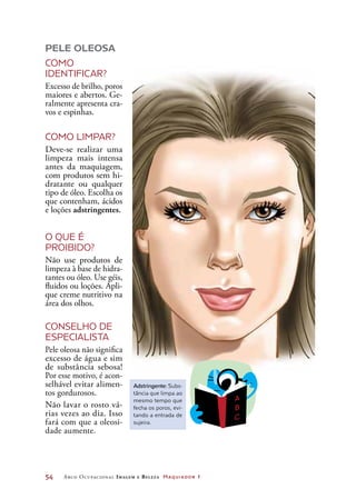 54	 Arco Ocupacional Imagem e Belez a Maquiador 1
PELE OLEOSA
COMO
IDENTIFICAR?
Excesso de brilho, poros
maiores e abertos. Ge-
ralmente apresenta cra-
vos e espinhas.
COMO LIMPAR?
Deve-se realizar uma
limpeza mais intensa
antes da maquiagem,
com produtos sem hi-
dratante ou qualquer
tipo de óleo. Escolha os
que contenham, ácidos
e loções adstringentes.
O QUE É
PROIBIDO?
Não use produtos de
limpeza à base de hidra-
tantes ou óleo. Use géis,
fluidos ou loções. Apli-
que creme nutritivo na
área dos olhos.
CONSELHO DE
ESPECIALISTA
Pele oleosa não significa
excesso de água e sim
de substância sebosa!
Por esse motivo, é acon-
selhável evitar alimen-
tos gordurosos.
Não lavar o rosto vá-
rias vezes ao dia. Isso
fará com que a oleosi-
dade aumente.
Adstringente: Subs-
tância que limpa ao
mesmo tempo que
fecha os poros, evi-
tando a entrada de
sujeira.
 