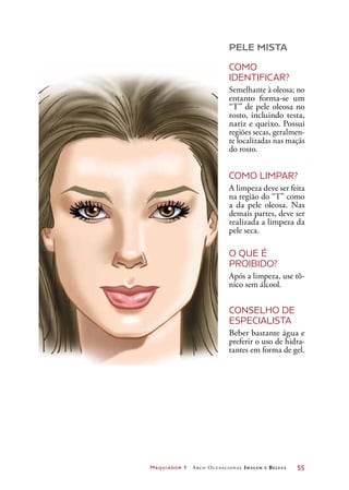 Maquiador 1 Arco Ocupacional Imagem e Belez a	 55
PELE MISTA
COMO
IDENTIFICAR?
Semelhante à oleosa; no
entanto forma-se um
“T” de pele oleosa no
rosto, incluindo testa,
nariz e queixo. Possui
regiões secas, geralmen-
te localizadas nas maçãs
do rosto.
COMO LIMPAR?
A limpeza deve ser feita
na região do “T” como
a da pele oleosa. Nas
demais partes, deve ser
realizada a limpeza da
pele seca.
O QUE É
PROIBIDO?
Após a limpeza, use tô-
nico sem álcool.
CONSELHO DE
ESPECIALISTA
Beber bastante água e
preferir o uso de hidra-
tantes em forma de gel.
 