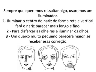 Sempre que queremos ressaltar algo, usaremos um
iluminador.
1- Iluminar o centro do nariz de forma reta e vertical
fará o nariz parecer mais longo e fino.
2 - Para disfarçar as olheiras e iluminar os olhos.
3 - Um queixo muito pequeno parecera maior, se
receber essa correção.
 