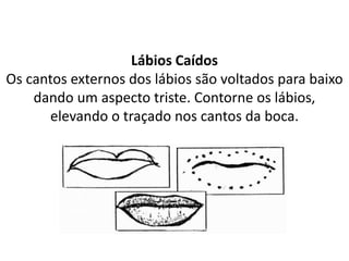 Lábios Caídos
Os cantos externos dos lábios são voltados para baixo
dando um aspecto triste. Contorne os lábios,
elevando o traçado nos cantos da boca.
 