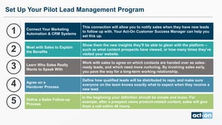 Set Up Your Pilot Lead Management Program
Meet with Sales to Explain
the Benefits
Show them the new insights they’ll be able to glean with the platform –
such as what content prospects have viewed, or how many times they’ve
visited your website.
Agree on a
Handover Process
Define how qualified leads will be distributed to reps, and make sure
everyone on the team knows exactly what to expect when they receive a
new lead.
Define a Sales Follow-up
Process
In the beginning your definition should be simple and loose. For
example, after a prospect views product-related content, sales will give
them a call within 48 hours.
Connect Your Marketing
Automation & CRM Systems
This connection will allow you to notify sales when they have new leads
to follow up with. Your Act-On Customer Success Manager can help you
set this up.
Learn Who Sales Really
Wants to Speak With
Work with sales to agree on which contacts are handed over as sales-
ready leads, and which need more nurturing. By involving sales early,
you pave the way for a long-term working relationship.
1
2
3
4
5
 