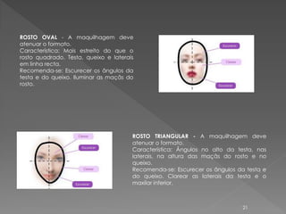 ROSTO OVAL - A maquilhagem deve
atenuar o formato.
Característica: Mais estreito do que o
rosto quadrado. Testa, queixo e laterais
em linha recta.
Recomenda-se: Escurecer os ângulos da
testa e do queixo. Iluminar as maçãs do
rosto.




                                       ROSTO TRIANGULAR - A maquilhagem deve
                                       atenuar o formato.
                                       Característica: Ângulos no alto da testa, nas
                                       laterais, na altura das maçãs do rosto e no
                                       queixo.
                                       Recomenda-se: Escurecer os ângulos da testa e
                                       do queixo. Clarear as laterais da testa e o
                                       maxilar inferior.



                                                                            21
 