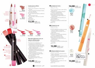 40 41 
FM | li26 
FM | li27 
Marcador glamoroso com um 
bálsamo abrilhantador 
GLAM LIP TINT & BALM 
»»uma harmoniosa combinação de uma 
sumarenta cor e um brilho sedutor 
»»a fórmula ligeira do marcador, criado à base 
de água, proporciona aos lábios um conforto 
e aspeto inigualável e natural; o pantenol 
hidrata-os adequadamente 
»»o bálsamo abrilhantador tem ótimas 
propriedades nutritivas, graças à riqueza dos 
ingredientes ativos tais como: óleo de coco, 
pantenol e vitamina E 
»»a cómoda forma do marcador permite 
realizar a maquilhagem precisa dos lábios 
sem necessidade de usar lápis 
»»não deixa manchas 
»»com agradável aroma a manga 
»»capacidade do marcador: 3 ml, peso do 
bálsamo: 1,4 g 
14,80 EUR / 4,46 g 
331,83 EUR / 100 g 
Fancy Coral 
FM | li12 
Coffee Dream 
FM | li11 
FM | li25 
Elegant Red 
Stylish Pink 
Guardar 
na posição 
horizontal. 
Guardar 
na posição 
horizontal. 
Rose Dream 
Aplique a 
caneta nos 
lábios limpos e 
sem gordura. 
Caneta para os lábios 
tattoo lip tint 
»»oferece uma cor duradoura e o efeito de lábios 
carnudos 
»»oferece uma perfeita maquilhagem de lábios 
sem usar o delineador 
»»tem sistema gota a gota 
»»contém pantenol que regenera o epitélio dos 
lábios 
»»aroma sensual de manga 
»»não cola os lábios e não deixa uma camada 
pegajosa 
»»não mancha 
»»capacidade: 3 ml 
13,50 EUR / 3 ml 
450,00 EUR / 100 ml 
Gel labial de menta 
minty lip gel 
volume -up effect 
»»os seus componentes dão um efeito subtil de 
lábios volumosos 
»»enriquecido com ingredientes hidratantes, 
vitamina E e manteiga de karité 
»»é uma base perfeita para o batom 
»»pode substituir pelo brilho de lábios 
transparente, já que ressalta e destaca a cor 
natural dos lábios 
»»o refrescante aroma de menta oferece uma 
frescura agradável 
»»pincel cómodo e suave 
»»aconselha-se a usar depois do esfoliante labial 
com açúcar 
»»peso: 1,7 g 
14,00 EUR / 1,7 g 
823,52 EUR / 100 g 
FM | li13 
FM | li15 
FM | li14 
14,80 EUR / 1,9 g 
778,94 EUR / 100 g 
Minty 
Lip Gel 
Honey 
Lip Gel 
Sugar 
Lip Scrub 
Gel labial de mel 
honey lip gel 
volume -up effect 
»»contém ingredientes que ajudam a recuperar 
a perda do colagénio, o que permite 
reconstruir a estrutura dos lábios e ter um 
aspeto bonito 
»»à base de néctar de mel 
»»enriquecido com componentes hidratantes, 
vitamina E e manteiga de karité 
»»é uma base perfeita para o batom 
»»pode substituir pelo brilho de lábios 
transparente, já que resalta e destaca a cor 
natural dos lábios 
»»pincel cómodo e suave 
»»aconselha-se a usar depois do esfoliante labial 
com açúcar 
»»peso: 2,2 ml 
12,00 EUR / 2,2 ml 
545,45 EUR / 100 ml 
2 
3 
1 
Aplique o 
marcador nos lábios 
secos e sem gordura. 
Aplique o bálsamo 
por cima para 
garantir um cuidado 
e brilho. 
O marcador e o 
bálsamo podem 
ser utilizados 
separadamente. 
2 
1 
2 
3 
1 
Esfoliante labial com açúcar 
sugar lip scrub 
»»prepara os lábios para a aplicação do batom, 
brilho ou caneta labial 
»»contém cristais de açúcar, pantenol e vitamina 
E que fazem com que os lábios se tornem lisos 
e suaves 
»»tem um aroma agradável de manga 
»»aplicador cómodo 
»»aconselha-se a usar em conjunto com o gel 
labial de menta ou mel 
»»peso: 1,9 g 
3 
2 
1 
Os produtos FM GROUP MAKE UP são originais do FM GROUP World. 
 