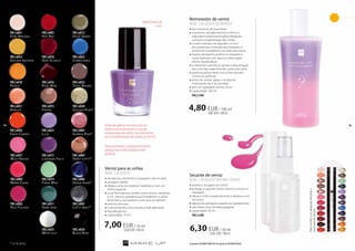 FM | n001 
FM | n033 
FM | n018 
FM | n021 
54 55 
FM | n030 
FM | n031 
FM | n009 
FM | n002 
* cor de pérola. 
Verniz para as unhas 
NAIL LACQUER 
»»duradouro, resistente à raspagem, não se solta 
»»secagem rápida 
»»oferece uma cor original, moderna e com um 
brilho especial 
»»a sua fórmula rica contém entre outros: vitaminas 
A e E, cálcio e queratina que fortalecem a unha, 
previnem a sua quebra e evita que se dobrem 
»»textura cremosa 
»»o pincel facilita uma correta e total aplicação 
»»hipoalergénico 
»»capacidade: 10 ml 
7,00 EUR / 10 ml 
70,00 EUR / 100 ml 
FM | n003 
Hot Red 
FM | n010 
Deep Scarlet 
FM | n016 
FM | n015 
Frappe 
FM | n023 
FM | n013 
FM | n019 
FM | n011 
FM | n035 
White Lily 
FM | n012 
Olive Green 
FM | n022 
FM | n032 
FM | n020 
FM | n005 
FM | n004 
FM | n006 
FM | n007 
FM | n034 
Black Rose 
Para aumentar a duração do verniz, 
aplique nas unhas limpas e sem 
gordura. 
Golden Saffron 
Fresh Carrot 
Wild Orchid 
Taupe Brown 
Lavender Field 
Pale Fuchsia 
Sweet Latte* 
Pure Natural 
Sunrise Pink* 
Papaya 
Dark Jade 
Warm Coral 
Catty Grey* 
Fresh Mint 
Denim Shine* 
Ruby Wine 
Antes de aplicar um verniz de cor 
intensa recomendamos o uso do 
endurecedor de unhas com diamante 
ou o condicionador de unhas (p. 56-57). 
Apricot 
Cornflower 
Lilac 
Golden Pearl* 
Removedor de verniz 
NAIL LACQUER REMOVER 
»»sem acetona, de duas fases 
»»a primeira camada remove o verniz, a 
segunda é responsável pela hidratação, 
nutrição e regeneração das unhas 
»»contém extratos de algodão e é rico 
em proteínas e minerais que hidratam e 
amolecem a epiderme ao redor das unhas 
»»extrato de bambu acalma as irritações e 
nutre, fazendo com que as unhas sejam 
menos quebradiças 
»»a vitamina E previne as gretas e descamação 
das cutículas, regenerando a placa da unha 
»»pode-se aplicar tanto nas unhas naturais 
como nas artificiais 
»»antes de utilizar, agitar o recipiente 
misturando bem as camadas 
»»tem um agradável aroma cítrico 
»»capacidade: 100 ml 
FM | n106 
4,80 EUR / 100 ml 
4,80 EUR / 100 ml 
Secante de verniz 
NAIL LACQUER DRYing SPRAY 
»»acelera a secagem do verniz 
»»protege a capa do verniz contra os riscos e a 
raspagem 
»»oferece brilho resplandecente e destaca a cor 
do verniz 
»»depois da aplicação evapora-se rapidamente 
»»não deixa uma camada pegajosa 
»»capacidade: 50 ml 
FM | n100 
6,30 EUR / 50 ml 
12,60 EUR / 100 ml 
Pode escolher a cor adequada utilizando o 
mostruário de vernizes 
Agitar antes de 
usar. 
Os produtos FM GROUP MAKE UP são originais do FM GROUP World. 
 