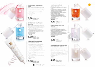 Condicionador de unhas com 
queratina 
NAIL CONDITIONER WITH KERATIN 
»»destinado às unhas com tendência a descamar 
»»contém queratina que regenera e endurece a 
unha, protegendo dos danos 
»»enriquecido com óleo de abacate com 
propriedades hidratantes e vitaminas C e E e 
pantenol, que nutre perfeitamente as unhas 
»»dá um brilho bonito 
»»capacidade: 10 ml 
FM | n109 
5,30 EUR / 10 ml 
56 57 
Condicionador para unhas com seda 
NAIL CONDITIONER WITH SILK 
»»recomendado como um tratamento intensivo 
para as unhas descoloridas 
»»enriquecido com proteínas de trigo que 
hidratam e nutrem intensamente as unhas 
»»as proteínas de seda alisam e endurecem a unha, 
prevenindo a aparição de manchas 
»»a cor branca do condicionador dá brilho e faz 
com que as unhas tenham um aspeto saudável 
»»capacidade: 10 ml 
FM | n111 
Os produtos FM GROUP MAKE UP são originais do FM GROUP World. 
Condicionador de unhas com 
cálcio 
NAIL CONDITIONER WITH CALCIUM 
»»indispensável na luta contra as unhas frágeis 
»»o cálcio ativo fortalece e endurece as unhas, 
aumentando a sua resistência às roturas 
»»contém ingredientes com propriedades 
abrilhantadoras 
»»capacidade: 10 ml 
FM | n110 
Amaciador de cutículas 
CUTICLE SOFTENER 
»»destinado ao cuidado da cutícula à volta das 
unhas 
»»contém partículas esfoliantes de caroço de 
alperce e de casca de amêndoa e avelã que 
esfoliam e suavizam a epiderme 
»»a seda hidrata de forma perfeita, dando às 
mãos um aspeto cuidado 
»»o extrato de algas suaviza a cutícula 
permitindo a sua eliminação eficaz e o 
complexo de vitamina C e E tem uma ação 
antioxidante 
»»capacidade: 10 ml 
FM | n108 
5,30 EUR / 10 ml 
53,00 EUR / 100 ml 
5,30 EUR / 10 ml 
53,00 EUR / 100 ml 
Endurecedor de unhas com 
diamante 
NAIL HARDENER 
»»destinado às unhas frágeis e quebradiças 
»»forma uma capa protetora na placa da unha 
resistente aos fatores externos 
»»o pó de diamante fortalece e endurece as 
unhas oferecendo-lhes um brilho duradouro 
»»perfeito como base para verniz 
»»capacidade: 10 ml 
FM | n104 
6,10 EUR / 10 ml 
53,00 EUR / 100 ml 
Creme para cutículas e unhas 61,00 EUR / 100 ml 
CUTICLE & NAIL CREAM 
»»destinado ao cuidado das cutículas secas e 
danificadas e das unhas quebradiças 
»»contém manteiga de karité, cera de abelha 
e vitamina E, que permitem recuperar a 
hidratação adequada e nutrir a pele seca 
»»óleo de amêndoas e pantenol garantem à 
cutícula flexibilidade, fortalecem e alisam a 
placa da unha construindo uma capa protetora 
»»tem um aroma agradável 
»»a ponta prática facilita a aplicação cómoda do 
creme 
»»para o cuidado diário 
»»o uso regular garante um aspeto saudável às 
unhas e cutículas 
»»capacidade: 15 ml 
FM | kr1 
5,30 EUR / 15 ml 
35,33 EUR / 100 ml 
5,30 EUR / 10 ml 
53,00 EUR / 100 ml 
 