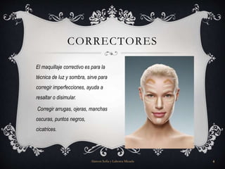 El maquillaje correctivo es para la
técnica de luz y sombra, sirve para
corregir imperfecciones, ayuda a
resaltar o disimular.
Corregir arrugas, ojeras, manchas
oscuras, puntos negros,
cicatrices.
CORRECTORES
Alarcon Sofia y Lahorca Micaela 4
 