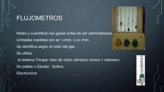 FLUJOMETROS
Miden y cuantifican los gases antes de ser administrados.
Unidades medidas son en L/min o cc /min.
Se identifica según el color del gas
Se utiliza:
el sistema Thrope: tubo de vidrio cilíndrico conico + rotámero.
De paleta o Gautier : Esfera
Electronicos
 