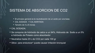 SISTEMA DE ABSORCION DE CO2
• El principio general es la neutralización de un acido por una base.
• CAL SODADA Y CAL BARITADA
• Tamaño de 4 a 8 micras
• CAL SODADA:
• Se compone de hidróxido de calcio a un 94%, Hidroxido de Sodio a un 5%
e hidróxido de Potasio como absorbedor
• Neutraliza hasta 23 L de CO2 por cada 100 gr
• Silice para endurecer* puede causar irritación bronquial
 