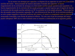 En un motor con arranque por capacitor, se dispone de un capacitor en serie con el devanado auxiliar del motor.  Seleccionando de manera adecuada el tamaño del capacitor, la fuerza magnetomotriz de la corriente de arranque en el devanado auxiliar puede ajustarse para igualarla a la fuerza magnetomotriz de la corriente del devanado principal, y puede lograrse que el ángulo de fase de la corriente del devanado auxiliar adelante en 90 o  la corriente en el devanado principal.  Puesto que los dos devanados están físicamente separados 90 o , una diferencia de fase de 90 o  en la corriente producirá un solo campo magnético rotacional uniforme del estator y el motor se comportará como si estuviera arrancando conectado a una fuente de potencia trifásica.  En este caso el par de arranque del motor puede sobrepasar 300% de su valor nominal como se muestra a continuación en la siguiente gráfica:   