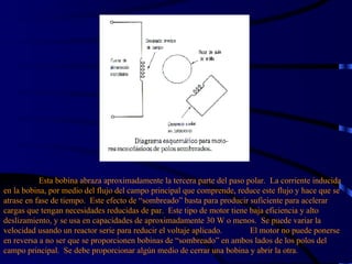 Esta bobina abraza aproximadamente la tercera parte del paso polar.  La corriente inducida en la bobina, por medio del flujo del campo principal que comprende, reduce este flujo y hace que se atrase en fase de tiempo.  Este efecto de “sombreado” basta para producir suficiente para acelerar cargas que tengan necesidades reducidas de par.  Este tipo de motor tiene baja eficiencia y alto deslizamiento, y se usa en capacidades de aproximadamente 30 W o menos.  Se puede variar la velocidad usando un reactor serie para reducir el voltaje aplicado.  El motor no puede ponerse en reversa a no ser que se proporcionen bobinas de “sombreado” en ambos lados de los polos del campo principal.  Se debe proporcionar algún medio de cerrar una bobina y abrir la otra. 