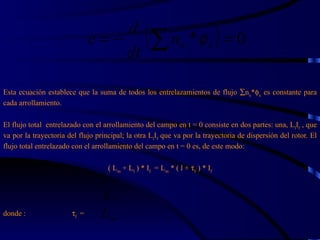 Esta ecuación establece que la suma de todos los entrelazamientos de flujo   n x *  x  es constante para cada arrollamiento.   El flujo total  entrelazado con el arrollamiento del campo en t = 0 consiste en dos partes: una, L l I f  , que va por la trayectoria del flujo principal; la otra L l I f  que va por la trayectoria de dispersión del rotor. El flujo total entrelazado con el arrollamiento del campo en t = 0 es, de este modo:   ( L m  + L l  ) * I f   = L m  * ( l +   f  ) * I f donde :   f  =  