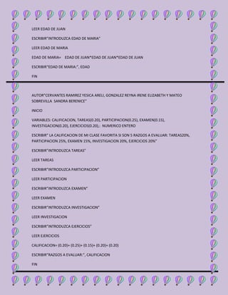 LEER EDAD DE JUAN
ESCRIBIR”INTRODUZCA EDAD DE MARIA”
LEER EDAD DE MARIA
EDAD DE MARIA= EDAD DE JUAN*EDAD DE JUAN*EDAD DE JUAN
ESCRIBIR“EDAD DE MARIA:”, EDAD
FIN
AUTOR”CERVANTES RAMIREZ YESICA ARELI, GONZALEZ REYNA IRENE ELIZABETH Y MATEO
SOBREVILLA SANDRA BERENICE”
INICIO
VARIABLES: CALIFICACION, TAREAS(0.20), PARTICIPACION(0.25), EXAMEN(0.15),
INVESTIGACION(0.20), EJERCICIOS(0.20),: NUMERICO ENTERO
ESCRIBIR” LA CALIFICACION DE MI CLASE FAVORITA SI SON 5 RAZGOS A EVALUAR: TAREAS20%,
PARTICIPACION 25%, EXAMEN 15%, INVESTIGACION 20%, EJERCICIOS 20%”
ESCRIBIR”INTRODUZCA TAREAS”
LEER TAREAS
ESCRIBIR”INTRODUZCA PARTICIPACION”
LEER PARTICIPACION
ESCRIBIR”INTRODUZCA EXAMEN”
LEER EXAMEN
ESCRIBIR”INTRODUZCA INVESTIGACION”
LEER INVESTIGACION
ESCRIBIR”INTRODUZCA EJERCICIOS”
LEER EJERCICIOS
CALIFICACION= (0.20)+ (0.25)+ (0.15)+ (0.20)+ (0.20)
ESCRIBIR”RAZGOS A EVALUAR:”, CALIFICACION
FIN
 