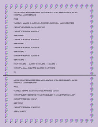 AUTOR”CERVANTES RAMIREZ YESICA ARELI, GONZALEZ REYNA IRENE ELIZABETH, MATEO
SOBREVILLA SANDRA BERENICE
INICIO
VARIABLES NUMERO 1, NUMERO 2, NUMERO 3, NUMERO 4,: NUMERICO ENTERO
ESCRIBIR” LA SUMA DE CUATRO NÚMEROS”
ESCRIBIR”INTRODUZCA NUMERO 1”
LEER NUMERO 1
ESCRIBIR”INTRODUZCA NUMERO 2”
LEER NUMERO 2
ESCRIBIR”INTRODUZCA NUMERO 3”
LEER NUMERO 3
ESCRIBIR”INTRODUZCA NUMERO 4”
LEER NUMERO 4
SUMA= NUMERO 1+ NUMERO 2 + NUMERO 3 + NUMERO 4
ESCRIBIR”LA SUMA DE CUATRO NUMEROS ES:”, NUMERO
FIN
AUTOR”CERVANTES RAMIREZ YESICA ARELI, GONZALEZ REYNA IRENE ELIZABETH, MATEO
SOBREVILLA SANDRA BERENICE”
INICIO
VARIABLES VENTAS, DESCUENTO, BONO,: NUMERICO ENTERO
ESCRIBIR” EL BONO DE PREMIO POR VENTAS ES EL 23% DE MIS VENTAS MENSUALES”
ESCRIBIR”INTRODUZCA VENTAS”
LEER VENTAS
ESCRIBIR”INTRODUZCA DESCUENTO”
LEER DESCUENTO
 