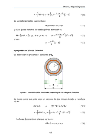 Motores y Máquinas Agrícolas
109
( )dD
dp
dN a
−⋅
⋅⋅
=⋅⋅⋅= ∫ ∫ 2
dp=dN
R
r
R
r
π
ρπ (130)
La fuerza tangencial de rozamiento es:
dFt=µ·dN=µ·π·pa·d·dρ (131)
y el par que se transmite por cada superficie de fricción es:
∫∫ ⋅⋅⋅⋅⋅== ρρπµρ ddpdFM at· ⇒ ( )22
8
dD
dp
M a
−
⋅⋅⋅
=
πµ
(132)
o bien,
( )dD
N
M +
⋅
=
4
µ
(133)
b) Hipótesis de presión uniforme:
La distribución de presiones es constante, p=pa
Figura 93. Distribución de presión en un embrague con desgaste uniforme.
La fuerza normal que actúa sobre un elemento de área circular de radio ρ y anchura
dρ, es:
dN=p·ds ⇒ ρρπ d···2·p=dN a (134)
( )22
R
r
R
r
a
4
d2·p=dN dD
p
N a
−⋅
⋅
=⋅⋅⋅= ∫ ∫
π
ρρπ (135)
La fuerza de rozamiento originada por dρ es:
µρρπ ⋅⋅⋅⋅⋅ pd2=dR (136)
d
D
ρ
dρ
p
a
 