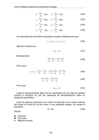 Tema 9. Sistemas de enganche y de transmisión de energía
122
4
5
5 αtg
n
n
r máx
== 4
4
'
5 αtg
n
n
r mín
== (152)
3
4
4 αtg
n
n
r máx
== 3
3
'
4 αtg
n
n
r mín
== (153)
2
3
3 αtg
n
n
r máx
== 2
1
'
3 αtg
n
n
r mín
== (154)
1
2
2 αtg
n
n
r máx
== 1
1
'
2 αtg
n
n
r mín
== (155)
Las relaciones de transmisión expuestas cumplen evidentemente que:
'
22
'
33
'
44 r;r; rrrr === (156)
Además cumplen que:
2
324· rrr = (157)
Efectivamente:
23
máx
24
·
n
=·
n
n
nn
n
n
n mínmáxmáx
(158)
Pero como:
23
min
24
máx
34
máx'
44 ··
nn
n
n
n
n
n
n
nn
n
n
rr máxmáxmín
=⇒=⇒= (159)
2323
··
n
n
n
n
n
n
n
n mínmáxmáxmín
= (160)
Por lo que:
2
324 · rrr = (161)
Luego el escalonamiento lógico de las velocidades de una caja de cambios
cumple la condición de que las relaciones de demultiplicación están en
progresión geométrica.
Como la potencia producida en el motor se transmite a las ruedas motrices
del tractor en forma de un par motor a una velocidad angular, se cumple la
expresión:
nMN ·= (162)
Siendo:
N Potencia.
M Par motor.
n Régimen de giro.
 
