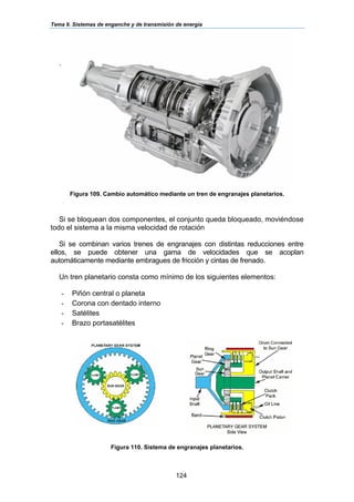 Tema 9. Sistemas de enganche y de transmisión de energía
124
.
Figura 109. Cambio automático mediante un tren de engranajes planetarios.
Si se bloquean dos componentes, el conjunto queda bloqueado, moviéndose
todo el sistema a la misma velocidad de rotación
Si se combinan varios trenes de engranajes con distintas reducciones entre
ellos, se puede obtener una gama de velocidades que se acoplan
automáticamente mediante embragues de fricción y cintas de frenado.
Un tren planetario consta como mínimo de los siguientes elementos:
- Piñón central o planeta
- Corona con dentado interno
- Satélites
- Brazo portasatélites
Figura 110. Sistema de engranajes planetarios.
 