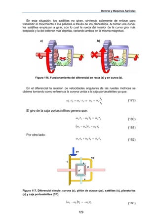 Motores y Máquinas Agrícolas
129
En esta situación, los satélites no giran, sirviendo solamente de enlace para
transmitir el movimiento a los palieres a través de los planetarios. Al tomar una curva,
los satélites empiezan a girar, con lo cual la rueda del interior de la curva gira más
despacio y la del exterior más deprisa, variando ambas en la misma magnitud.
a) b)
Figura 116. Funcionamiento del diferencial en recta (a) y en curva (b).
En el diferencial la relación de velocidades angulares de las ruedas motrices se
obtiene tomando como referencia la corona unida a la caja portasatélites ya que:
⇒⋅=⋅ 3322 rr ωω
3
2
23 ·
r
r
ωω = (179)
El giro de la caja portasatélites genera que:
445543 ··· rrr ωωω =− (180)
( ) 55443 ·· rr ωωω =− (181)
Por otro lado:
665563 ··· rrr ωωω =+ (182)
Figura 117. Diferencial simple: corona (c), piñón de ataque (pa), satélites (s), planetarios
(p) y caja portasatélites (CP).
( ) 55663 ·· rr ωωω −=− (183)
pa
p
c
p’
s
s
CP
 