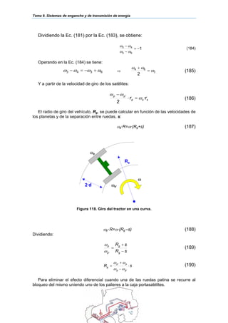 Tema 9. Sistemas de enganche y de transmisión de energía
130
Dividiendo la Ec. (181) por la Ec. (183), se obtiene:
1
63
43
−=
−
−
ωω
ωω
(184)
Operando en la Ec. (184) se tiene:
6343 ωωωω +−=− ⇒ 3
64
2
ω
ωω
=
+
(185)
Y a partir de la velocidad de giro de los satélites:
ssp
pp
rr ·
2
ω
ωω
=⋅
− ′
(186)
El radio de giro del vehículo, Rg, se puede calcular en función de las velocidades de
los planetas y de la separación entre ruedas, s:
ωp·R=ω·(Rg+s) (187)
Figura 118. Giro del tractor en una curva.
ωp’·R=ω·(Rg –s) (188)
Dividiendo:
sR
sR
g
g
p
p
−
+
=
'ω
ω
(189)
sR
pp
pp
g ⋅
−
+
=
'
'
ωω
ωω
(190)
Para eliminar el efecto diferencial cuando una de las ruedas patina se recurre al
bloqueo del mismo uniendo uno de los palieres a la caja portasatélites.
ω
ωp
ωp’
Rg
2·d
 