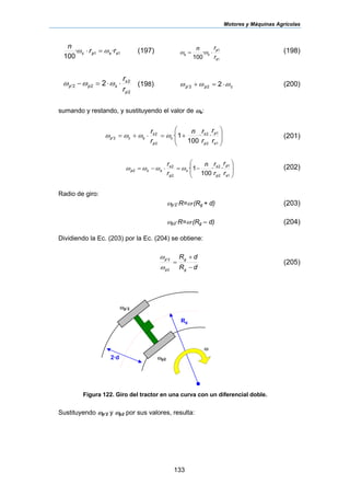 Motores y Máquinas Agrícolas
133
11 ··
100
sspc rr
n
ωω =⋅ (197)
1
1
·
100 s
p
cs
r
rn
⋅= ωω (198)
2
2
22' 2
p
s
spp
r
r
⋅⋅=− ωωω (198) cpp ωωω ⋅=+ 222' (200)
sumando y restando, y sustituyendo el valor de ωs:
⎟
⎟
⎠
⎞
⎜
⎜
⎝
⎛
+=⋅+=
1
1
2
2
2
2
2' ··
100
1·
s
p
p
s
c
p
s
scp
r
r
r
rn
r
r
ωωωω (201)
⎟
⎟
⎠
⎞
⎜
⎜
⎝
⎛
−=⋅−=
1
1
2
2
2
2
2 ··
100
1·
s
p
p
s
c
p
s
scp
r
r
r
rn
r
r
ωωωω (202)
Radio de giro:
ωp’2·R=ω·(Rg + d) (203)
ωp2·R=ω·(Rg – d) (204)
Dividiendo la Ec. (203) por la Ec. (204) se obtiene:
dR
dR
g
g
p
p
−
+
=
2
2'
ω
ω
(205)
Figura 122. Giro del tractor en una curva con un diferencial doble.
Sustituyendo ωp’2 y ωp2 por sus valores, resulta:
ω
ωp’2
ωp2
Rg
2·d
 