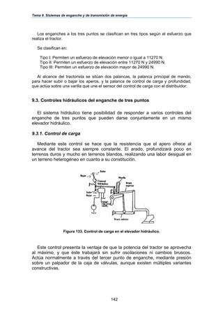 Tema 9. Sistemas de enganche y de transmisión de energía
142
Los enganches a los tres puntos se clasifican en tres tipos según el esfuerzo que
realiza el tractor.
Se clasifican en:
Tipo I: Permiten un esfuerzo de elevación menor o igual a 11270 N.
Tipo II: Permiten un esfuerzo de elevación entre 11270 N y 24990 N.
Tipo III: Permiten un esfuerzo de elevación mayor de 24990 N.
Al alcance del tractorista se sitúan dos palancas, la palanca principal de mando,
para hacer subir o bajar los aperos, y la palanca de control de carga y profundidad,
que actúa sobre una varilla que une el sensor del control de carga con el distribuidor.
9.3. Controles hidráulicos del enganche de tres puntos
El sistema hidráulico tiene posibilidad de responder a varios controles del
enganche de tres puntos que pueden darse conjuntamente en un mismo
elevador hidráulico.
9.3.1. Control de carga
Mediante este control se hace que la resistencia que el apero ofrece al
avance del tractor sea siempre constante. El arado, profundizará poco en
terrenos duros y mucho en terrenos blandos, realizando una labor desigual en
un terreno heterogéneo en cuanto a su constitución.
Figura 133. Control de carga en el elevador hidráulico.
Este control presenta la ventaja de que la potencia del tractor se aprovecha
al máximo, y que éste trabajará sin sufrir oscilaciones ni cambios bruscos.
Actúa normalmente a través del tercer punto de enganche, mediante presión
sobre un palpador de la caja de válvulas, aunque existen múltiples variantes
constructivas.
 
