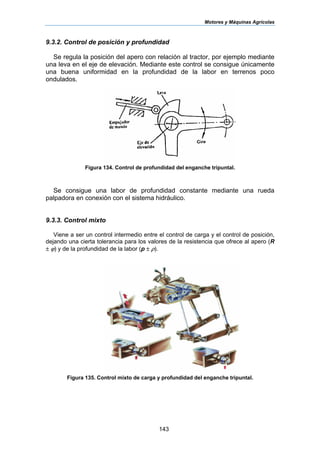 Motores y Máquinas Agrícolas
143
9.3.2. Control de posición y profundidad
Se regula la posición del apero con relación al tractor, por ejemplo mediante
una leva en el eje de elevación. Mediante este control se consigue únicamente
una buena uniformidad en la profundidad de la labor en terrenos poco
ondulados.
Figura 134. Control de profundidad del enganche tripuntal.
Se consigue una labor de profundidad constante mediante una rueda
palpadora en conexión con el sistema hidráulico.
9.3.3. Control mixto
Viene a ser un control intermedio entre el control de carga y el control de posición,
dejando una cierta tolerancia para los valores de la resistencia que ofrece al apero (R
± ϕ) y de la profundidad de la labor (p ± ρ).
Figura 135. Control mixto de carga y profundidad del enganche tripuntal.
 