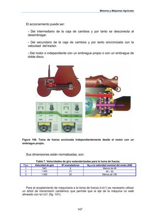 Motores y Máquinas Agrícolas
147
El accionamiento puede ser:
- Del intermediario de la caja de cambios y por tanto se desconecta al
desembragar.
- Del secundario de la caja de cambios y por tanto sincronizada con la
velocidad del tractor.
- Del motor o independiente con un embrague propio o con un embrague de
doble disco.
Figura 140. Toma de fuerza accionada independientemente desde el motor con un
embrague propio.
Sus dimensiones están normalizadas, son:
Tabla 7. Velocidades de giro estandarizadas para la toma de fuerza.
Tipo Velocidad de giro Nº acanaladuras Ntdf a la velocidad nominal del motor (kW)
1 540 6 Menos de 48
2 1 000 21 48 ÷ 92
3 1 000 20 Menos de 185
Para el acoplamiento de maquinaria a la toma de fuerza (t.d.f.) es necesario utilizar
un árbol de transmisión cardámico que permite que el eje de la máquina no esté
alineado con la t.d.f. (fig. 141).
 