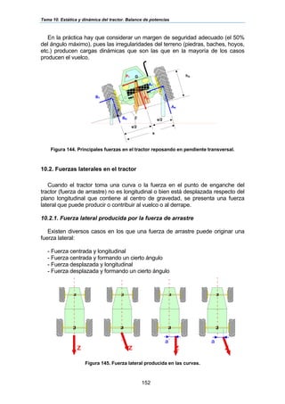 Tema 10. Estática y dinámica del tractor. Balance de potencias
152
En la práctica hay que considerar un margen de seguridad adecuado (el 50%
del ángulo máximo), pues las irregularidades del terreno (piedras, baches, hoyos,
etc.) producen cargas dinámicas que son las que en la mayoría de los casos
producen el vuelco.
Figura 144. Principales fuerzas en el tractor reposando en pendiente transversal.
10.2. Fuerzas laterales en el tractor
Cuando el tractor toma una curva o la fuerza en el punto de enganche del
tractor (fuerza de arrastre) no es longitudinal o bien está desplazada respecto del
plano longitudinal que contiene al centro de gravedad, se presenta una fuerza
lateral que puede producir o contribuir al vuelco o al derrape.
10.2.1. Fuerza lateral producida por la fuerza de arrastre
Existen diversos casos en los que una fuerza de arrastre puede originar una
fuerza lateral:
- Fuerza centrada y longitudinal
- Fuerza centrada y formando un cierto ángulo
- Fuerza desplazada y longitudinal
- Fuerza desplazada y formando un cierto ángulo
Figura 145. Fuerza lateral producida en las curvas.
a a
Z Z Z Z
BN
hGG
AN
PN
β
PT
AT
BT
s
s/2
s/2
F
 