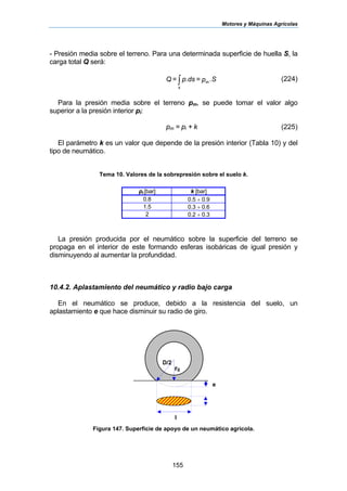 Motores y Máquinas Agrícolas
155
- Presión media sobre el terreno. Para una determinada superficie de huella S, la
carga total Q será:
.Sp=p.ds=Q m
s
∫ (224)
Para la presión media sobre el terreno pm, se puede tomar el valor algo
superior a la presión interior pi:
pm = pi + k (225)
El parámetro k es un valor que depende de la presión interior (Tabla 10) y del
tipo de neumático.
Tema 10. Valores de la sobrepresión sobre el suelo k.
pi [bar] k [bar]
0.8 0.5 ÷ 0.9
1.5 0.3 ÷ 0.6
2 0.2 ÷ 0.3
La presión producida por el neumático sobre la superficie del terreno se
propaga en el interior de este formando esferas isobáricas de igual presión y
disminuyendo al aumentar la profundidad.
10.4.2. Aplastamiento del neumático y radio bajo carga
En el neumático se produce, debido a la resistencia del suelo, un
aplastamiento e que hace disminuir su radio de giro.
Figura 147. Superficie de apoyo de un neumático agrícola.
e
D/2
l
r0
 