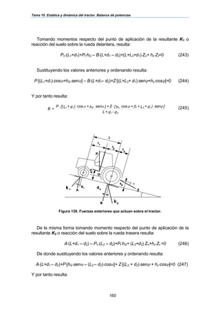 Tema 10. Estática y dinámica del tractor. Balance de potencias
160
Tomando momentos respecto del punto de aplicación de la resultante K1 o
reacción del suelo sobre la rueda delantera, resulta:
Pn⋅(L1+d1)+Pt⋅hG – B⋅(L+d1 – d2)+(L+L3+d1)⋅Zn+ hz⋅Zt=0 (243)
Sustituyendo los valores anteriores y ordenando resulta:
P⋅[(L1+d1)⋅cosα+hG⋅senα] – B⋅(L+d1– d2)+Z⋅[(L+L3+ d1)⋅senϕ+hz⋅cosϕ]=0 (244)
Y por tanto resulta:
d-d+L
]sen)d+L+(L+h[Z+]senh+)d+L[(P
=B
21
13zG11 ϕϕαα ⋅⋅⋅⋅⋅⋅ coscos (245)
Figura 150. Fuerzas exteriores que actuan sobre el tractor.
De la misma forma tomando momento respecto del punto de aplicación de la
resultante K2 o reacción del suelo sobre la rueda trasera resulta:
A⋅(L+d1 – d2) – Pn⋅(L2 – d2)+Pt⋅hG+ (L3+d2)⋅Zn+hz⋅Zt =0 (246)
De donde sustituyendo los valores anteriores y ordenando resulta:
A⋅(L+d1 – d2)+P⋅[hG⋅senα – (L2 – d2)⋅cosα]+ Z⋅[(L3 + d2)⋅senϕ + hz⋅cosϕ]=0 (247)
Y por tanto resulta:
ϕ
 