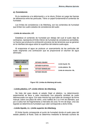 Motores y Máquinas Agrícolas
171
a). Consistencia
Es la resistencia a la deformación y a la rotura. Entran en juego las fuerzas
de adherencia entre las partículas. Tiene un papel fundamental el contenido de
humedad.
Los límites de consistencia o de Atterberg, son los contenidos de humedad
que limitan los cuatro estados de consistencia del suelo:
- Límite de retracción, LR.
Establece el contenido de humedad por debajo del cual el suelo deja de
contraerse, representa el límite inferior de humedad de consistencia semisólida.
La fuerza que produce la contracción proviene de las tensiones que se generan
en la interfase aire-agua sobre la superficie del sistema suelo-agua.
Al evaporarse el agua se produce un acercamiento de las partículas del
suelo originando una contracción que es proporcional al volumen de agua
eliminado.
Figura 153. Límites de Atterberg del suelo.
- Límite plástico, LP. Límite inferior de Atterberg.
Se trata del paso desde el estado frágil al plástico. La determinación
experimental se lleva a cabo mezclando una pequeña cantidad de suelo
desmenuzado con agua. Con esta mezcla hay que tratar de conseguir de forma
manual, sobre una placa de vidrio, unos rodillos de 3 a 4 mm de diámetro, que
por sí solos han de fragmentarse a intervalos de unos 10 mm de largo. Una vez
logrado se determina la humedad cuyo valor corresponde a dicho límite.
- Límite líquido, LL. Límite superior de Atterberg.
El límite líquido corresponde al punto de humedad donde el suelo pasa del
estado plástico al fluido. Esta se determina mediante la llamada cuchara de
MEZCLA FLUIDA DE
AGUA Y SUELO ESTADO LÍQUIDO
Límite líquido WL
ESTADO PLÁSTICO
Límite plástico WP
Humedad creciente ESTADO SEMISÓLIDO
Límite de retracción WR
ESTADO SÓLIDO
SUELO SECO
 