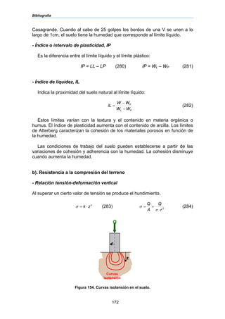 Bibliografía
172
Casagrande. Cuando al cabo de 25 golpes los bordos de una V se unen a lo
largo de 1cm, el suelo tiene la humedad que corresponde al límite líquido.
- Índice o intervalo de plasticidad, IP
Es la diferencia entre el límite líquido y el límite plástico:
IP = LL – LP (280) IP = WL – WP (281)
- Índice de liquidez, IL
Indica la proximidad del suelo natural al límite líquido:
PL
P
WW
WW
IL
−
−
= (282)
Estos límites varían con la textura y el contenido en materia orgánica o
humus. El índice de plasticidad aumenta con el contenido de arcilla. Los límites
de Atterberg caracterizan la cohesión de los materiales porosos en función de
la humedad.
Las condiciones de trabajo del suelo pueden establecerse a partir de las
variaciones de cohesión y adherencia con la humedad. La cohesión disminuye
cuando aumenta la humedad.
b). Resistencia a la compresión del terreno
- Relación tensión-deformación vertical
Al superar un cierto valor de tensión se produce el hundimiento.
n
zk ⋅=σ (283) 2
r
Q
A
Q
⋅
==
π
σ (284)
Figura 154. Curvas isotensión en el suelo.
Curvas
isotensión
Q
r
z
 