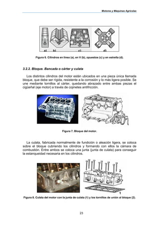 Motores y Máquinas Agrícolas
23
Figura 6. Cilindros en línea (a), en V (b), opuestos (c) y en estrella (d).
3.2.2. Bloque. Bancada o cárter y culata
Los distintos cilindros del motor están ubicados en una pieza única llamada
bloque, que debe ser rígida, resistente a la corrosión y lo más ligera posible. Se
une mediante tornillos al cárter, quedando abrazado entre ambas piezas el
cigüeñal (eje motor) a través de cojinetes antifricción.
Figura 7. Bloque del motor.
La culata, fabricada normalmente de fundición o aleación ligera, se coloca
sobre el bloque cubriendo los cilindros y formando con ellos la cámara de
combustión. Entre ambos se coloca una junta (junta de culata) para conseguir
la estanqueidad necesaria en los cilindros.
Figura 8. Culata del motor con la junta de culata (1) y los tornillos de unión al bloque (2).
a) b) c) d)
2
1
 
