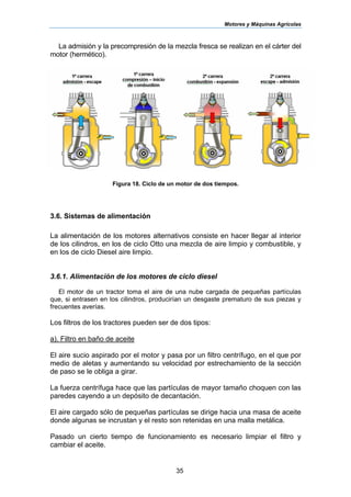 Motores y Máquinas Agrícolas
35
La admisión y la precompresión de la mezcla fresca se realizan en el cárter del
motor (hermético).
Figura 18. Ciclo de un motor de dos tiempos.
3.6. Sistemas de alimentación
La alimentación de los motores alternativos consiste en hacer llegar al interior
de los cilindros, en los de ciclo Otto una mezcla de aire limpio y combustible, y
en los de ciclo Diesel aire limpio.
3.6.1. Alimentación de los motores de ciclo diesel
El motor de un tractor toma el aire de una nube cargada de pequeñas partículas
que, si entrasen en los cilindros, producirían un desgaste prematuro de sus piezas y
frecuentes averías.
Los filtros de los tractores pueden ser de dos tipos:
a). Filtro en baño de aceite
El aire sucio aspirado por el motor y pasa por un filtro centrífugo, en el que por
medio de aletas y aumentando su velocidad por estrechamiento de la sección
de paso se le obliga a girar.
La fuerza centrífuga hace que las partículas de mayor tamaño choquen con las
paredes cayendo a un depósito de decantación.
El aire cargado sólo de pequeñas partículas se dirige hacia una masa de aceite
donde algunas se incrustan y el resto son retenidas en una malla metálica.
Pasado un cierto tiempo de funcionamiento es necesario limpiar el filtro y
cambiar el aceite.
 