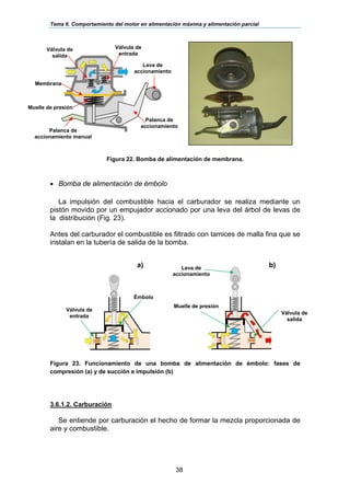 Tema 6. Comportamiento del motor en alimentación máxima y alimentación parcial
38
Figura 22. Bomba de alimentación de membrana.
• Bomba de alimentación de émbolo
La impulsión del combustible hacia el carburador se realiza mediante un
pistón movido por un empujador accionado por una leva del árbol de levas de
la distribución (Fig. 23).
Antes del carburador el combustible es filtrado con tamices de malla fina que se
instalan en la tubería de salida de la bomba.
Figura 23. Funcionamiento de una bomba de alimentación de émbolo: fases de
compresión (a) y de succión e impulsión (b)
3.6.1.2. Carburación
Se entiende por carburación el hecho de formar la mezcla proporcionada de
aire y combustible.
Muelle de presión
Válvula de
entrada
Válvula de
salida
Membrana
Palanca de
accionamiento manual
Palanca de
accionamiento
Leva de
accionamiento
Muelle de presión
Émbolo
Válvula de
entrada
a) b)Leva de
accionamiento
Válvula de
salida
 