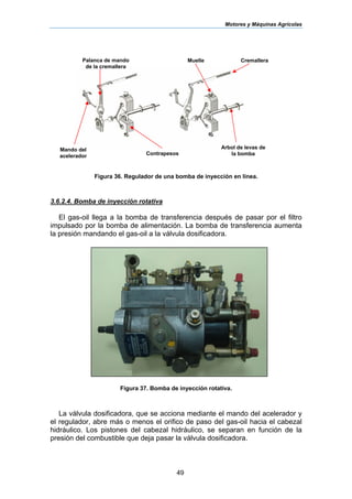 Motores y Máquinas Agrícolas
49
Figura 36. Regulador de una bomba de inyección en línea.
3.6.2.4. Bomba de inyección rotativa
El gas-oil llega a la bomba de transferencia después de pasar por el filtro
impulsado por la bomba de alimentación. La bomba de transferencia aumenta
la presión mandando el gas-oil a la válvula dosificadora.
Figura 37. Bomba de inyección rotativa.
La válvula dosificadora, que se acciona mediante el mando del acelerador y
el regulador, abre más o menos el orifico de paso del gas-oil hacia el cabezal
hidráulico. Los pistones del cabezal hidráulico, se separan en función de la
presión del combustible que deja pasar la válvula dosificadora.
Palanca de mando
de la cremallera
CremalleraMuelle
Mando del
acelerador
Arbol de levas de
la bombaContrapesos
 