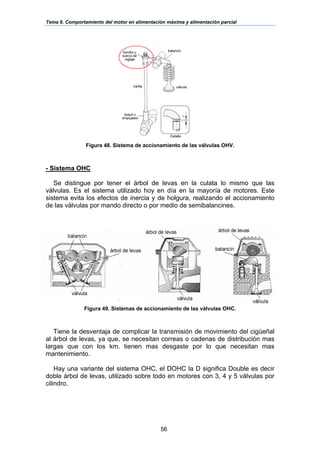 Tema 6. Comportamiento del motor en alimentación máxima y alimentación parcial
56
Figura 48. Sistema de accionamiento de las válvulas OHV.
- Sistema OHC
Se distingue por tener el árbol de levas en la culata lo mismo que las
válvulas. Es el sistema utilizado hoy en día en la mayoría de motores. Este
sistema evita los efectos de inercia y de holgura, realizando el accionamiento
de las válvulas por mando directo o por medio de semibalancines.
Figura 49. Sistemas de accionamiento de las válvulas OHC.
Tiene la desventaja de complicar la transmisión de movimiento del cigüeñal
al árbol de levas, ya que, se necesitan correas o cadenas de distribución mas
largas que con los km. tienen mas desgaste por lo que necesitan mas
mantenimiento.
Hay una variante del sistema OHC, el DOHC la D significa Double es decir
doble árbol de levas, utilizado sobre todo en motores con 3, 4 y 5 válvulas por
cilindro.
 