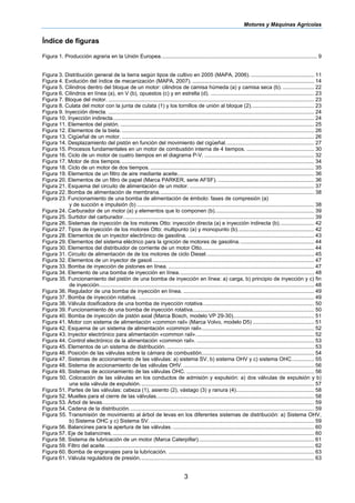 Motores y Máquinas Agrícolas
3
Índice de figuras
Figura 1. Producción agraria en la Unión Europea........................................................................................................ 9
Figura 3. Distribución general de la tierra según tipos de cultivo en 2005 (MAPA, 2006). .......................................... 11
Figura 4. Evolución del índice de mecanización (MAPA, 2007). ................................................................................. 14
Figura 5. Cilindros dentro del bloque de un motor: cilindros de camisa húmeda (a) y camisa seca (b). ..................... 22
Figura 6. Cilindros en línea (a), en V (b), opuestos (c) y en estrella (d). ..................................................................... 23
Figura 7. Bloque del motor. ......................................................................................................................................... 23
Figura 8. Culata del motor con la junta de culata (1) y los tornillos de unión al bloque (2).......................................... 23
Figura 9. Inyección directa. ......................................................................................................................................... 24
Figura 10. Inyección indirecta...................................................................................................................................... 24
Figura 11. Elementos del pistón. ................................................................................................................................. 25
Figura 12. Elementos de la biela. ................................................................................................................................ 26
Figura 13. Cigüeñal de un motor. ................................................................................................................................ 26
Figura 14. Desplazamiento del pistón en función del movimiento del cigüeñal........................................................... 27
Figura 15. Procesos fundamentales en un motor de combustión interna de 4 tiempos. ............................................. 30
Figura 16. Ciclo de un motor de cuatro tiempos en el diagrama P-V. ......................................................................... 32
Figura 17. Motor de dos tiempos................................................................................................................................. 34
Figura 18. Ciclo de un motor de dos tiempos. ............................................................................................................. 35
Figura 19. Elementos de un filtro de aire mediante aceite........................................................................................... 36
Figura 20. Elementos de un filtro de papel (Marca PARKER, serie AFSF). ................................................................ 36
Figura 21. Esquema del circuito de alimentación de un motor. ................................................................................... 37
Figura 22. Bomba de alimentación de membrana....................................................................................................... 38
Figura 23. Funcionamiento de una bomba de alimentación de émbolo: fases de compresión (a)
y de succión e impulsión (b) ...................................................................................................................... 38
Figura 24. Carburador de un motor (a) y elementos que lo componen (b).................................................................. 39
Figura 25. Surtidor del carburador............................................................................................................................... 39
Figura 26. Sistemas de inyección de los motores Otto: inyección directa (a) e inyección indirecta (b)....................... 42
Figura 27. Tipos de inyección de los motores Otto: multipunto (a) y monopunto (b)................................................... 42
Figura 28. Elementos de un inyector electrónico de gasolina. .................................................................................... 43
Figura 29. Elementos del sistema eléctrico para la ignición de motores de gasolina.................................................. 44
Figura 30. Elementos del distribuidor de corriente de un motor Otto........................................................................... 44
Figura 31. Circuito de alimentación de de los motores de ciclo Diesel........................................................................ 45
Figura 32. Elementos de un inyector de gasoil............................................................................................................ 47
Figura 33. Bomba de inyección de pistones en línea. ................................................................................................. 47
Figura 34. Elemento de una bomba de inyección en línea.......................................................................................... 48
Figura 35. Funcionamiento del pistón de una bomba de inyección en línea: a) carga, b) principio de inyección y c) fin
de inyección............................................................................................................................................... 48
Figura 36. Regulador de una bomba de inyección en línea. ....................................................................................... 49
Figura 37. Bomba de inyección rotativa. ..................................................................................................................... 49
Figura 38. Válvula dosificadora de una bomba de inyección rotativa.......................................................................... 50
Figura 39. Funcionamiento de una bomba de inyección rotativa................................................................................. 50
Figura 40. Bomba de inyección de pistón axial (Marca Bosch, modelo VP 29-30)...................................................... 51
Figura 41. Motor con sistema de alimentación «common rail» (Marca Volvo, modelo D5) ......................................... 51
Figura 42. Esquema de un sistema de alimentación «common rail»........................................................................... 52
Figura 43. Inyector electrónico para alimentación «common rail»............................................................................... 52
Figura 44. Control electrónico de la alimentación «common rail». .............................................................................. 53
Figura 45. Elementos de un sistema de distribución. .................................................................................................. 53
Figura 46. Posición de las válvulas sobre la cámara de combustión........................................................................... 54
Figura 47. Sistemas de accionamiento de las válvulas: a) sistema SV, b) sistema OHV y c) sistema OHC............... 55
Figura 48. Sistema de accionamiento de las válvulas OHV. ....................................................................................... 56
Figura 49. Sistemas de accionamiento de las válvulas OHC. ..................................................................................... 56
Figura 50. Colocación de las válvulas en los conductos de admisión y expulsión: a) dos válvulas de expulsión y b)
una sola válvula de expulsión.................................................................................................................... 57
Figura 51. Partes de las válvulas: cabeza (1), asiento (2), vástago (3) y ranura (4).................................................... 58
Figura 52. Muelles para el cierre de las válvulas......................................................................................................... 58
Figura 53. Árbol de levas............................................................................................................................................. 59
Figura 54. Cadena de la distribución........................................................................................................................... 59
Figura 55. Transmisión de movimiento al árbol de levas en los diferentes sistemas de distribución: a) Sistema OHV,
b) Sistema OHC y c) Sistema SV. ............................................................................................................. 59
Figura 56. Balancines para la apertura de las válvulas. .............................................................................................. 60
Figura 57. Eje de balancines. ...................................................................................................................................... 60
Figura 58. Sistema de lubricación de un motor (Marca Caterpillar)............................................................................. 61
Figura 59. Filtro del aceite. .......................................................................................................................................... 62
Figura 60. Bomba de engranajes para la lubricación. ................................................................................................. 63
Figura 61. Válvula reguladora de presión.................................................................................................................... 63
 
