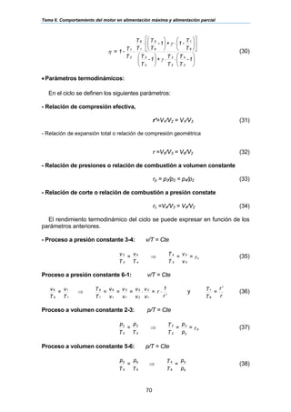 Tema 6. Comportamiento del motor en alimentación máxima y alimentación parcial
70
⎟⎟
⎠
⎞
⎜⎜
⎝
⎛
⋅⋅⎟⎟
⎠
⎞
⎜⎜
⎝
⎛
⎥
⎦
⎤
⎢
⎣
⎡
⎟⎟
⎠
⎞
⎜⎜
⎝
⎛
⋅⎟⎟
⎠
⎞
⎜⎜
⎝
⎛
⋅
⋅
1-
T
T
T
T
+1-
T
T
T
T
-1+1-
T
T
T
T
T
T
-1=
3
4
2
3
2
3
6
1
6
5
1
6
2
1
γ
γ
η (30)
•Parámetros termodinámicos:
En el ciclo se definen los siguientes parámetros:
- Relación de compresión efectiva,
r'=V1/V2 = V1/V3 (31)
- Relación de expansión total o relación de compresión geométrica
r =V5/V3 = V6/V2 (32)
- Relación de presiones o relación de combustión a volumen constante
rp = p3/p2 = p4/p2 (33)
- Relación de corte o relación de combustión a presión constate
rc =V4/V3 = V4/V2 (34)
El rendimiento termodinámico del ciclo se puede expresar en función de los
parámetros anteriores.
- Proceso a presión constante 3-4: v/T = Cte
r=
v
v=
T
T
T
v=
T
v
c
3
4
3
4
4
4
3
3
⇒ (35)
Proceso a presión constante 6-1: v/T = Cte
r
1
r=
v
v
v
v=
v
v=
v
v=
T
T
T
v=
T
v
1
2
2
5
1
5
1
6
1
6
1
1
6
6
′
⋅⋅⇒ y
r
r
=
T
T
6
1 ′
(36)
Proceso a volumen constante 2-3: p/T = Cte
r=
p
p
=
T
T
T
p
=
T
p
p
2
3
2
3
3
3
2
2
⇒ (37)
Proceso a volumen constante 5-6: p/T = Cte
p
p
=
T
T
T
p
=
T
p
6
5
6
5
6
6
5
5
⇒ (38)
 