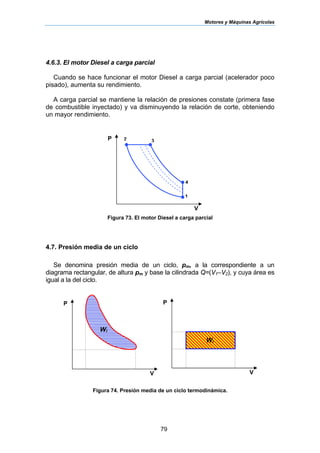 Motores y Máquinas Agrícolas
79
4.6.3. El motor Diesel a carga parcial
Cuando se hace funcionar el motor Diesel a carga parcial (acelerador poco
pisado), aumenta su rendimiento.
A carga parcial se mantiene la relación de presiones constate (primera fase
de combustible inyectado) y va disminuyendo la relación de corte, obteniendo
un mayor rendimiento.
Figura 73. El motor Diesel a carga parcial
4.7. Presión media de un ciclo
Se denomina presión media de un ciclo, pm, a la correspondiente a un
diagrama rectangular, de altura pm y base la cilindrada Q=(V1–V2), y cuya área es
igual a la del ciclo.
Figura 74. Presión media de un ciclo termodinámica.
V
P
1
2 3
4
V
P
V
P
Wi
Wi
 