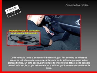Conecta los cables
      to
  inu
1m
   0€




 Dispositivo que va conectado
   en el interior del vehículo.




   Cada vehículo tiene la entrada en diferente lugar. Por eso uno de nuestros
  asesores te indicará donde está exactamente en tu vehículo para que así no
pierdas tiempo. En este coche, por ejemplo la encontrarás debajo de la consola
central. Aún así, la propia máquina te va a indicar gráficamente donde tienes la
                                      toma.
 