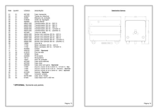 ITEM QUANT. CÓDIGO DESCRIÇÃO 
01 01 40716D Cabo transporte 
02 01 42387D Tampa de cobertura 
03 01 24080 Máscara de proteção 
04 01 41954D Varão de regulagem 
05 01 48268D Núcleo Móvel 
06 01 49622.000 Transformador (50 Hz - 220 V) 
06 01 49623.000 Transformador (50 Hz - 380 V) 
06 01 50652.000 Transformador (60 Hz - 380 V) 
06 01 48269.000 Transformador (60 Hz - 127/220 V) 
06 01 49979.000 Transformador (60 Hz - 220/440 V) 
07 01 40726D Trava do varão 
08 01 49624.000 Núcleo com bobinas (50 Hz - 220 V) 
08 01 49625.000 Núcleo com bobinas (50 Hz - 380 V) 
08 01 50651.000 Núcleo com bobinas (60 Hz - 380 V) 
08 01 48272.000 Núcleo com bobinas (60 Hz - 127/220 V) 
08 01 49980.000 Núcleo com bobinas (60 Hz - 220/440 V) 
09 01 19899 Guia de ar 
10 01 11700 Motor ventilador (50 Hz - 220 V) 
10 01 11705 Motor ventilador (60 Hz - 127/220 V) 
11 01 42356D Chassi 
11 01 43527D Chassi - Opcional 
12 02 41307D Pino da roda 
13 02 19796D Roda 
14 01 43206D Pé de apoio 
15 03 19713 Abraçadeira 
16 03 19207 Anel de proteção 
17 01 40729D Cabo porta eletrodo 
18 01 40700D Cabo obra 
18 01 43693D Cabo obra com garra - Opcional 
19 01 11405 Disjuntor unipolar de 90 A (50/60 Hz - 127/220 V) - Opc. 
19 01 11404 Disjuntor unipolar de 60 A (60 Hz - 220/440V) - Opcional 
19 01 11925 Disjuntor unipolar de 35 A (50/60 Hz - 380V) - Opcional 
20 01 40193D Suporte - Opcional 
21 01 11089 Conector cortado 
22 01 50755.000 Cabo terra “Verde” 
23 02 01545 Cabo lides 4 mm² x 400 mm 
Página 13 Página 14 
* OPCIONAL: Somente sob pedido. 
DIMENSÕES GERAIS 
