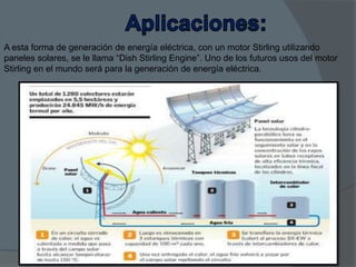 A esta forma de generación de energía eléctrica, con un motor Stirling utilizando
paneles solares, se le llama “Dish Stirling Engine”. Uno de los futuros usos del motor
Stirling en el mundo será para la generación de energía eléctrica.

 