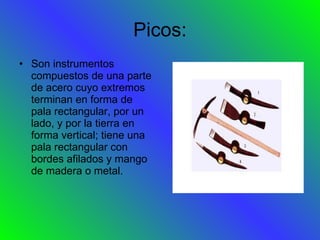 Picos: Son instrumentos compuestos de una parte de acero cuyo extremos terminan en forma de pala rectangular, por un lado, y por la tierra en forma vertical; tiene una pala rectangular con bordes afilados y mango de madera o metal. 