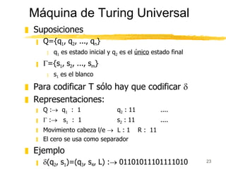 Máquina de Turing Universal <ul><li>Suposiciones </li></ul><ul><ul><li>Q={q 1 , q 2 , ..., q n } </li></ul></ul><ul><ul><u...