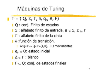 Máquinas de Turing <ul><li>T = ( Q,   ,   ,   , q 0 , Δ, F) </li></ul><ul><ul><li>Q : conj. Finito de estados </li></ul...