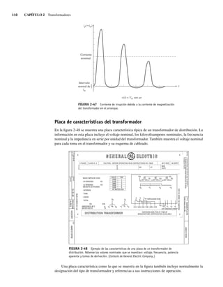 110 CAPÍTULO 2 Transformadores
FIGURA 2-47 Corriente de irrupción debida a la corriente de magnetización
del transformador en el arranque.
ip(≈im)
Corriente
nominal
Intervalo
normal de
im
t
v(t) = Vm sen vt
Placa de características del transformador
En la figura 2-48 se muestra una placa característica típica de un transformador de distribución. La
información en esta placa incluye el voltaje nominal, los kilovoltsamperes nominales, la frecuencia
nominal y la impedancia en serie por unidad del transformador. También muestra el voltaje nominal
para cada toma en el transformador y su esquema de cableado.
FIGURA 2-48 Ejemplo de las características de una placa de un transformador de
distribución. Nótense los valores nominales que se muestran: voltaje, frecuencia, potencia
aparente y tomas de derivación. (Cortesía de General Electric Company.)
VOLTS
3 PHASE
NP
3101A6481E718P00
A6481E718P00
TITLE
NAMEPLATE
FIRST
MADE
FOR
DTBD
1.
FOR
MATERIAL
AND
NOTES
USE
A214K001P2.3
2.
.05
MUST
BE
MAINTAINED
FROM
EDGE
OF
BAND
TO
EDGE
OF
PLATE.
0
1
0
1
3
E
D
A
M
ISSUED
10–25–82
ROUTING
1A,REQ
HICKORY
A6481E716P00
10–25–82
NOTES:
HICKORY,
NC
MADE
IN
USA
S
E
R
K
V
A
CLASS O A
HV
HO HC
H3
H2
H1
HO
H1
H0 H3
H2
H1B
H2B
H3B
H3A
H2A
H1A
EXT GROUND STRAP
EXPULSION FUSE
x1
x0 x1 x2 x3
x0 x2 x3
LV
MFG
DATE
CAUTION—BEFORE OPERATING READ INSTRUCTIONS GEI–79025 65 C RISE 60 HERTZ
BASIC IMPULSE LEVEL
HV WINDING KV
LV WINDING KV
WEIGHTS IN POUNDS
INTERIOR
TANK
LIQUID
TOTAL
+ +
+ +
OIL
DISTRIBUTION TRANSFORMER
IMPEDENCE 85 C
RATED VOLTS
CONTAINS NON-PCB AT TIME OF
MANUFACTURE-CERTIFICATION AVAILABLE
%
GAL
AT RATED KVA
TAP
1
2
3
4
5
14400
14100
13800
13500
13200
x1
x0 x3
x2
Una placa característica como la que se muestra en la figura también incluye normalmente la
designación del tipo de transformador y referencias a sus instrucciones de operación.
02_Chapman 02.indd 110
02_Chapman 02.indd 110 18/10/11 13:54:51
18/10/11 13:54:51
 