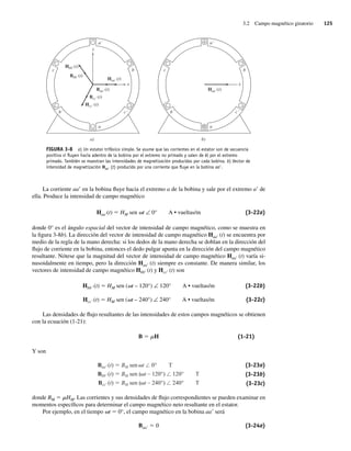 3.2 Campo magnético giratorio 125
La corriente aa9 en la bobina fluye hacia el extremo a de la bobina y sale por el extremo a9 de
ella. Produce la intensidad de campo magnético
Haa9(t) 5 HM sen vt ∠ 0° A • vueltas/m (3-22a)
donde 0° es el ángulo espacial del vector de intensidad de campo magnético, como se muestra en
la figura 3-8b). La dirección del vector de intensidad de campo magnético Haa9 (t) se encuentra por
medio de la regla de la mano derecha: si los dedos de la mano derecha se doblan en la dirección del
flujo de corriente en la bobina, entonces el dedo pulgar apunta en la dirección del campo magnético
resultante. Nótese que la magnitud del vector de intensidad de campo magnético Haa9 (t) varía si-
nusoidalmente en tiempo, pero la dirección Haa9 (t) siempre es constante. De manera similar, los
vectores de intensidad de campo magnético Hbb9 (t) y Hcc9 (t) son
Hbb9 (t) 5 HM sen (vt – 120°) ∠ 120° A • vueltas/m (3-22b)
Hcc9 (t) 5 HM sen (vt – 240°) ∠ 240° A • vueltas/m (3-22c)
Las densidades de flujo resultantes de las intensidades de estos campos magnéticos se obtienen
con la ecuación (1-21):
B 5 mH (1-21)
Y son
Baa′ (t) BM sen t / 0° T
Bbb′ (t) BM sen ( t – 120°) / 120° T
Bcc′ (t) BM sen ( t – 240°) / 240° T
(3-23a)
(3-23b)
(3-23c)
donde BM 5 mHM. Las corrientes y sus densidades de flujo correspondientes se pueden examinar en
momentos específicos para determinar el campo magnético neto resultante en el estator.
Por ejemplo, en el tiempo vt 5 0°, el campo magnético en la bobina aa9 será
Baa9 5 0 (3-24a)
FIGURA 3-8 a) Un estator trifásico simple. Se asume que las corrientes en el estator son de secuencia
positiva si ﬂuyen hacia adentro de la bobina por el extremo no primado y salen de él por el extremo
primado. También se muestran las intensidades de magnetización producidas por cada bobina. b) Vector de
intensidad de magnetización Haa9 (t) producido por una corriente que ﬂuye en la bobina aa9.
a´
a
b
c
´
c
´
b
y
x
Hbb´ (t)
Haa´ (t)
Baa´ (t)
Bcc´ (t)
Hcc´ (t)
Bbb´ (t)
a)
a´
a
b
c
´
c
´
b
x
Haa´ (t)
b)
03_Chapman 03.indd 125
03_Chapman 03.indd 125 10/10/11 13:14:47
10/10/11 13:14:47
 